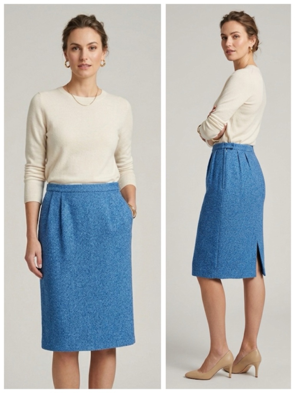 Vintage 1960s Periwinkle Blue Wool Textured Tweed Lined Pencil Skirt, sz. S
